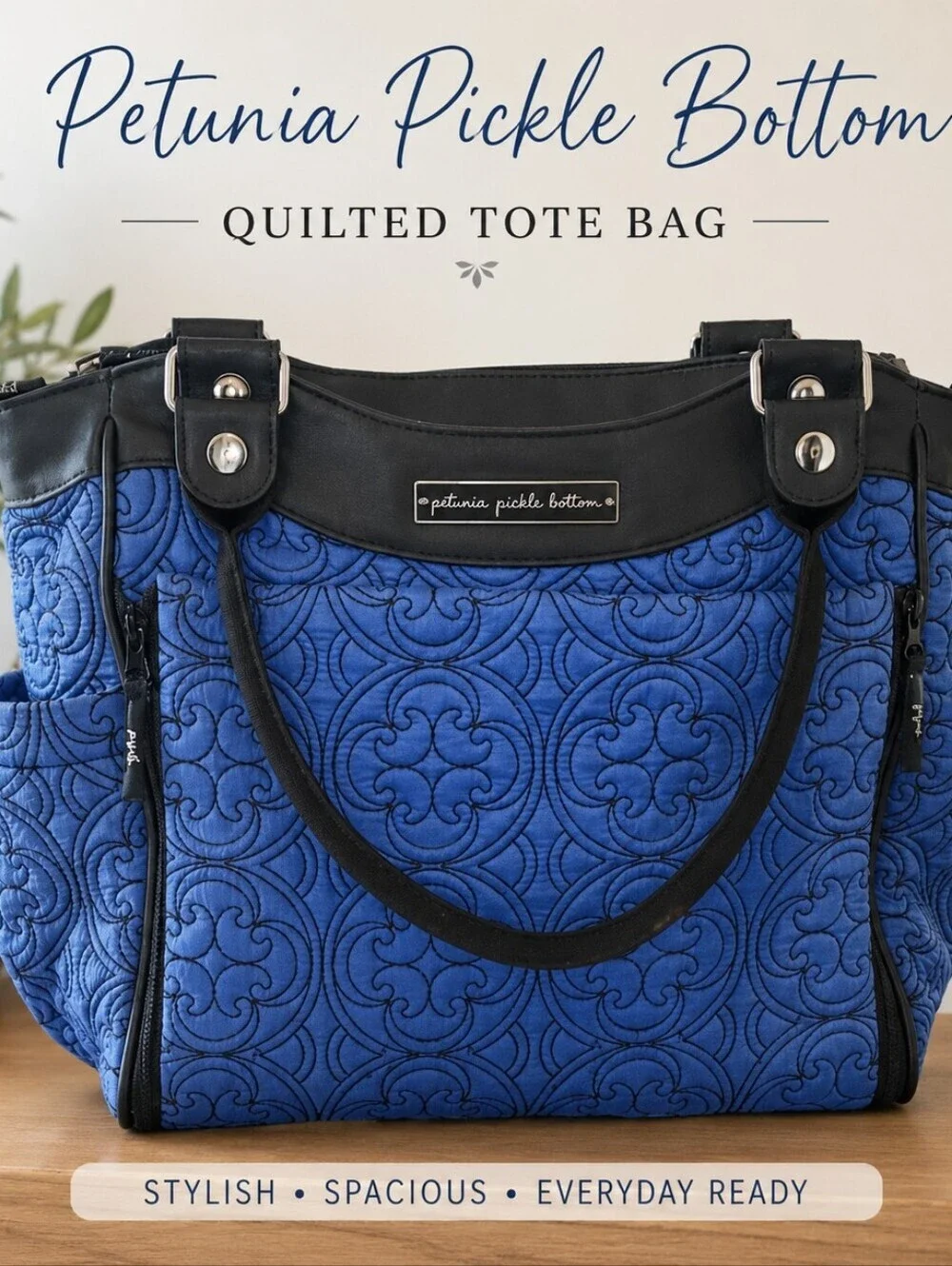 Petunia Pickle Bottom Royal Blue Quilted Tote with Black Trim